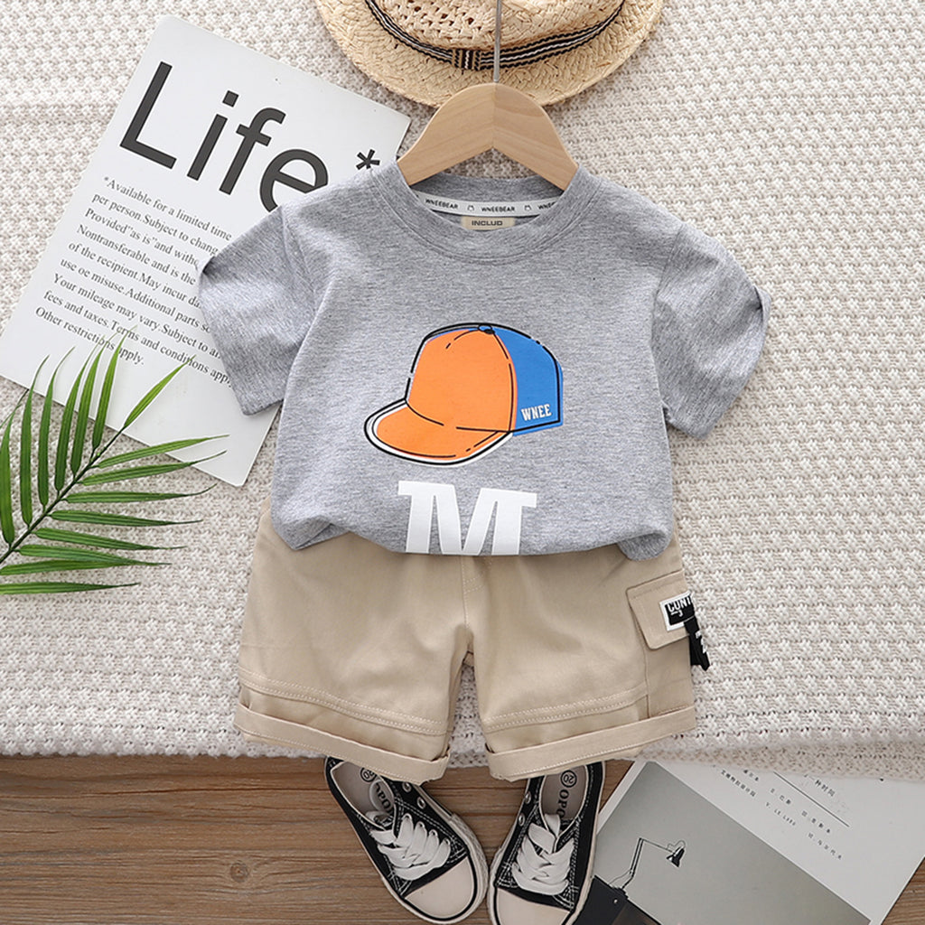 Boys Grey Cap Print Short Sleeve T-Shirt With Elasticated Shorts Set 2 pc. Sets Grey 1-2 Y