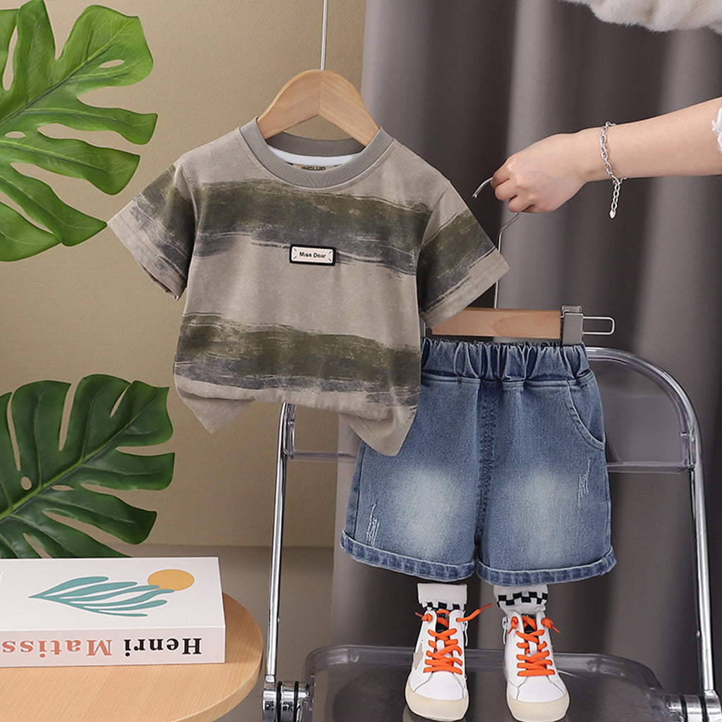 Boys Brown Striped Short Sleeves T-Shirt With Denim Shorts Set 2 pc. Sets Brown 1-2 Y