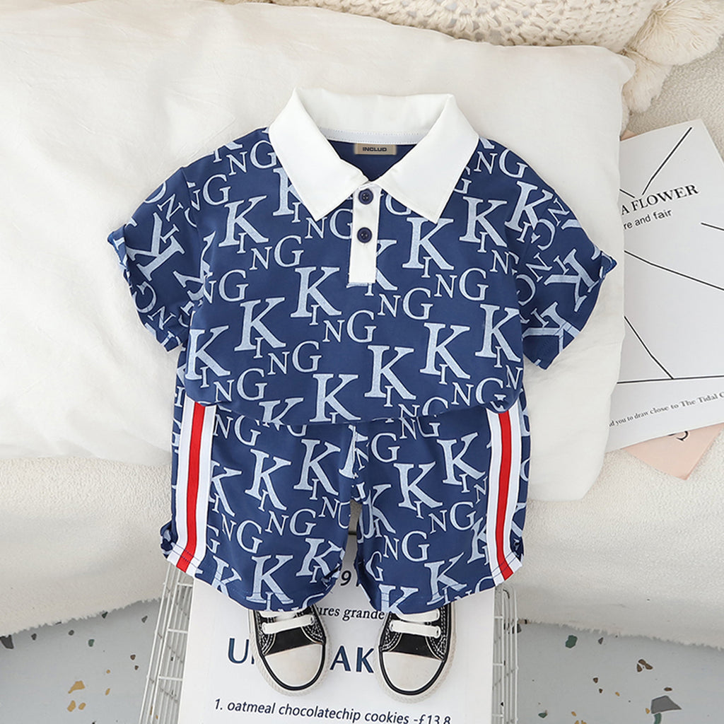 Boys Blue Printed Polo T-Shirt With Shorts Set 2 pc. Sets Blue 1-2 Y