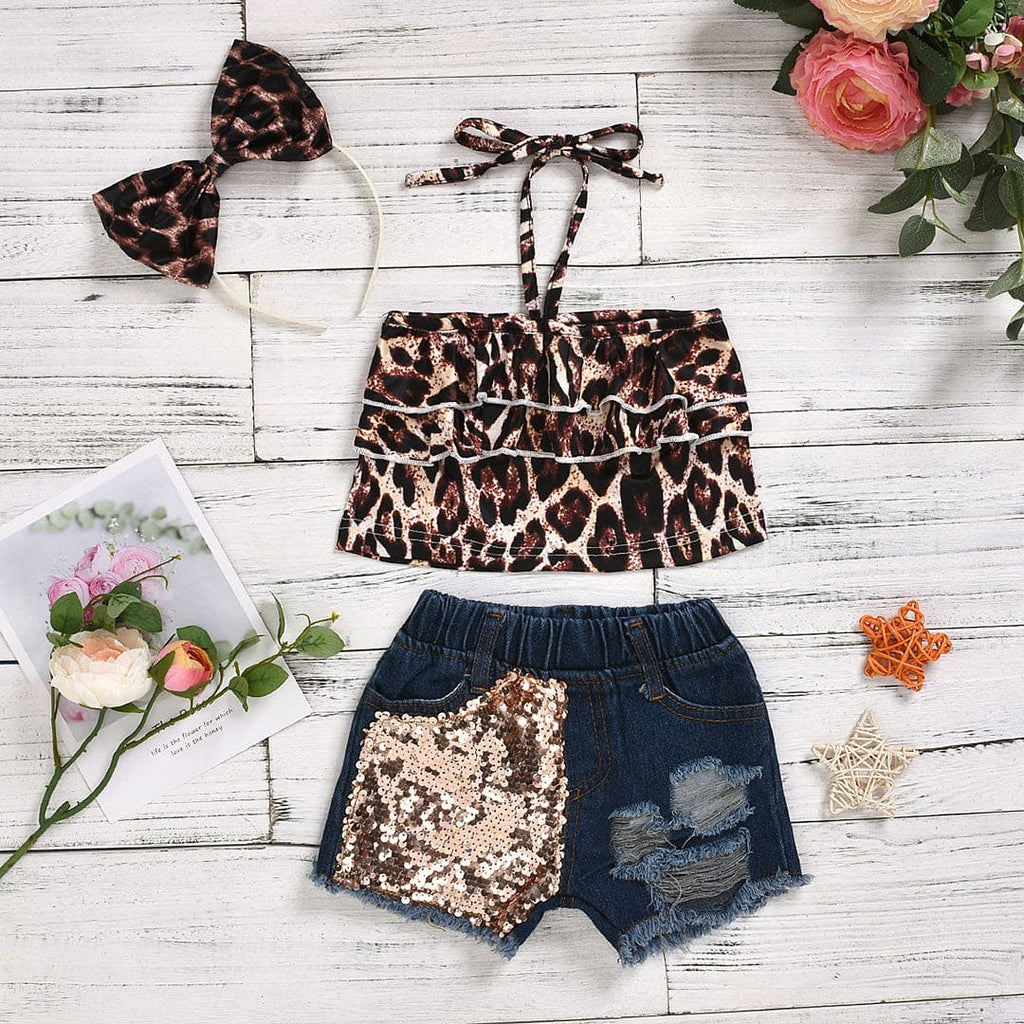 Girls Leopard Print Tube Top With Embellished Short Set Sets Multicolor 1-2 Y 