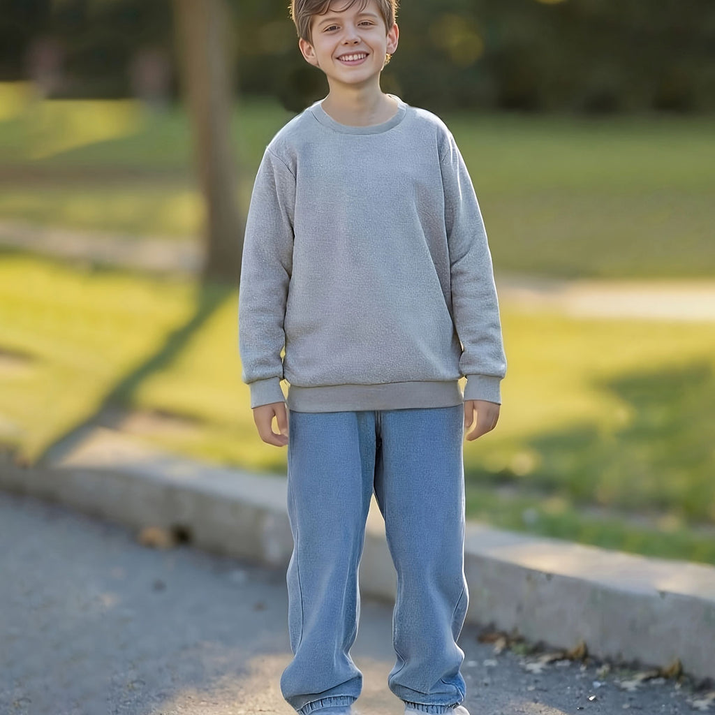 Boys Grey Long Sleeve Sweatshirt With Light Wash Denim Trousers Sets 2 pc. Sets Grey 5-6 Y