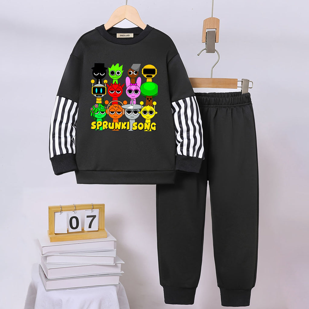 Boys Black Sprunki Cartoon Printed Sweatshirt With Jogger Sets 2 pc. Sets Black 2-3 Y