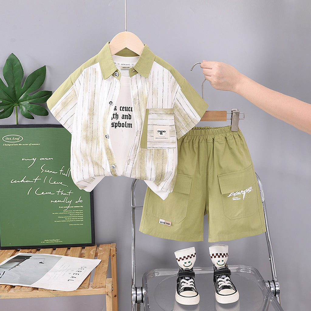Boys Color-Blocked Striped Shirt With Light Green Shorts Set 2 pc. Sets Light Green 1-2 Y