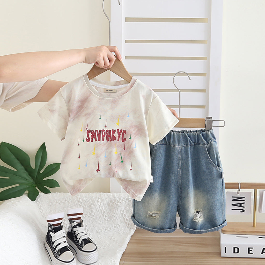 Boys Apricot Tie-Dye Printed Short Sleeves T-Shirt With Denim Shorts Set 2 pc. Sets Apricot 1-2 Y
