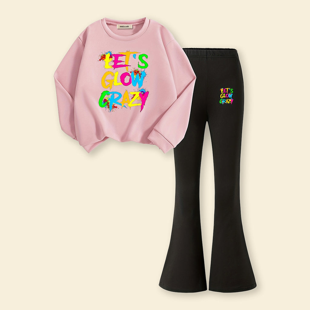 Girls Light Pink Printed Sweatshirt With Flared Pants Sets 2 pc. Sets Light Pink 7-8 Y