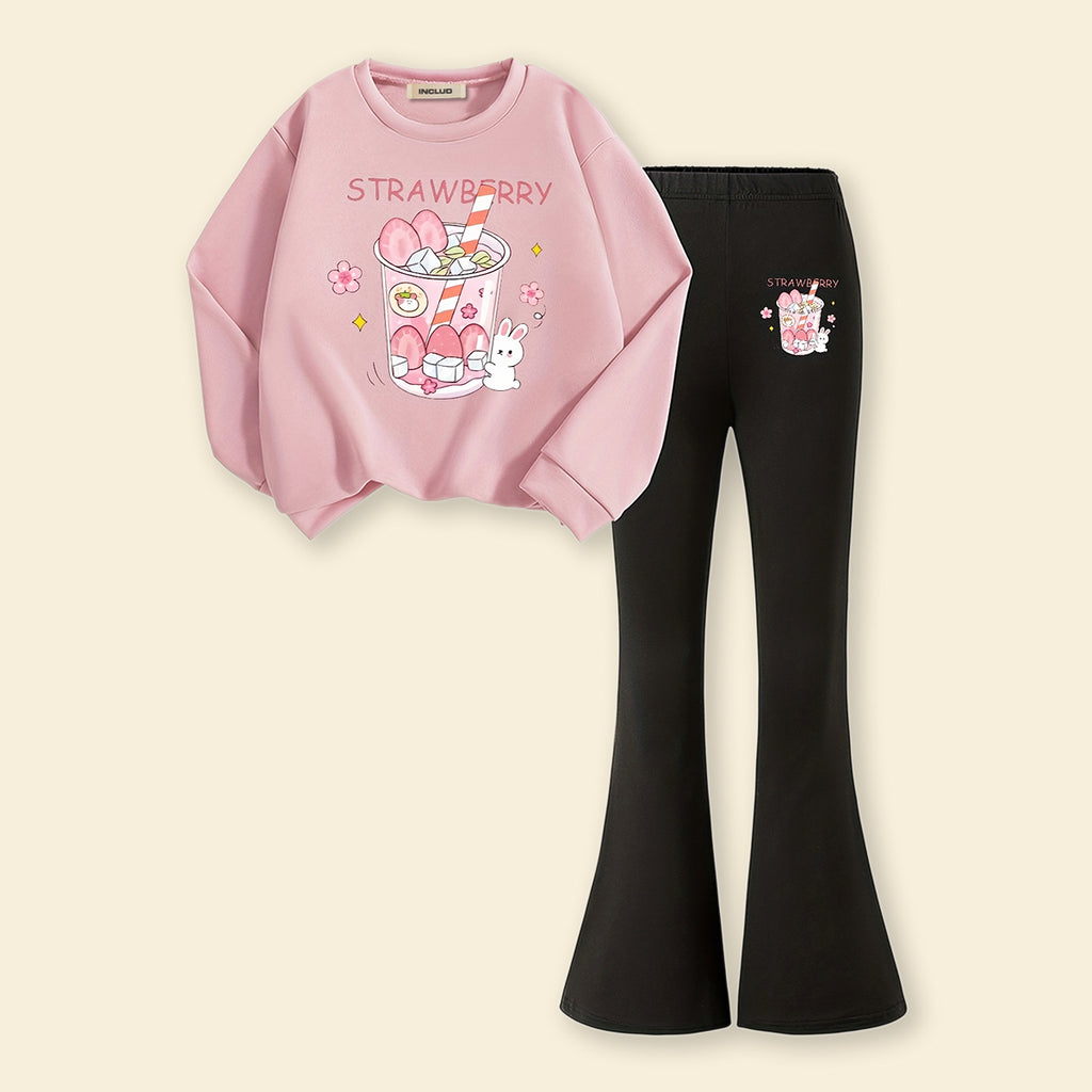 Girls Light Pink Strawberry Printed Sweatshirt with Flared Pants Set 2 pc. Sets Light Pink 7-8 Y
