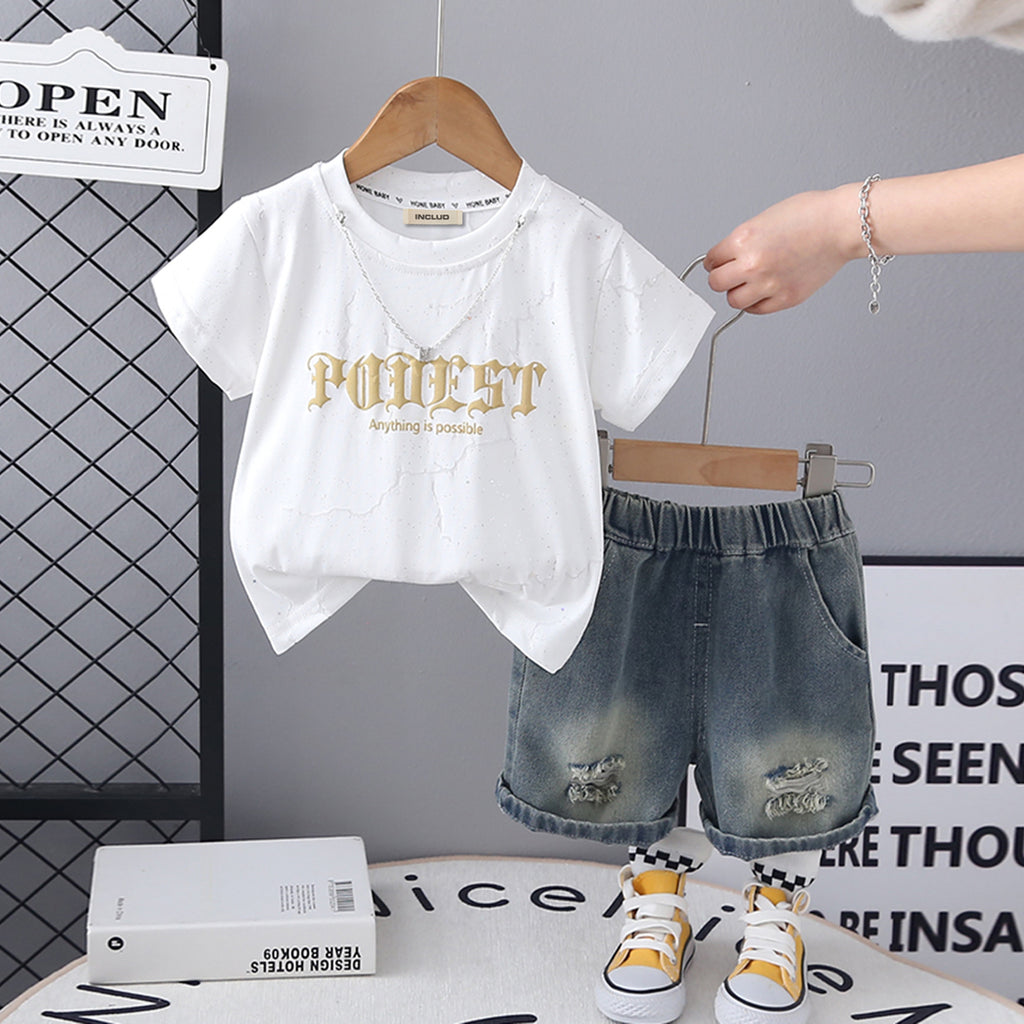 Boys White Short Sleeve Printed T-Shirt With Neck Chain And Denim Shorts Set 3 pc. Sets White 1-2 Y