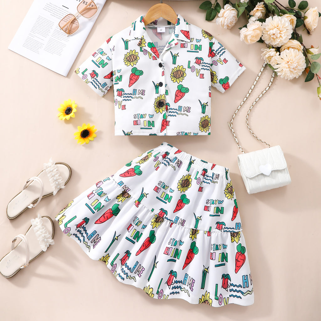 Girls White Printed Short Sleeve Shirt With Skirt Set 2 pc. Sets White 2-3 Y
