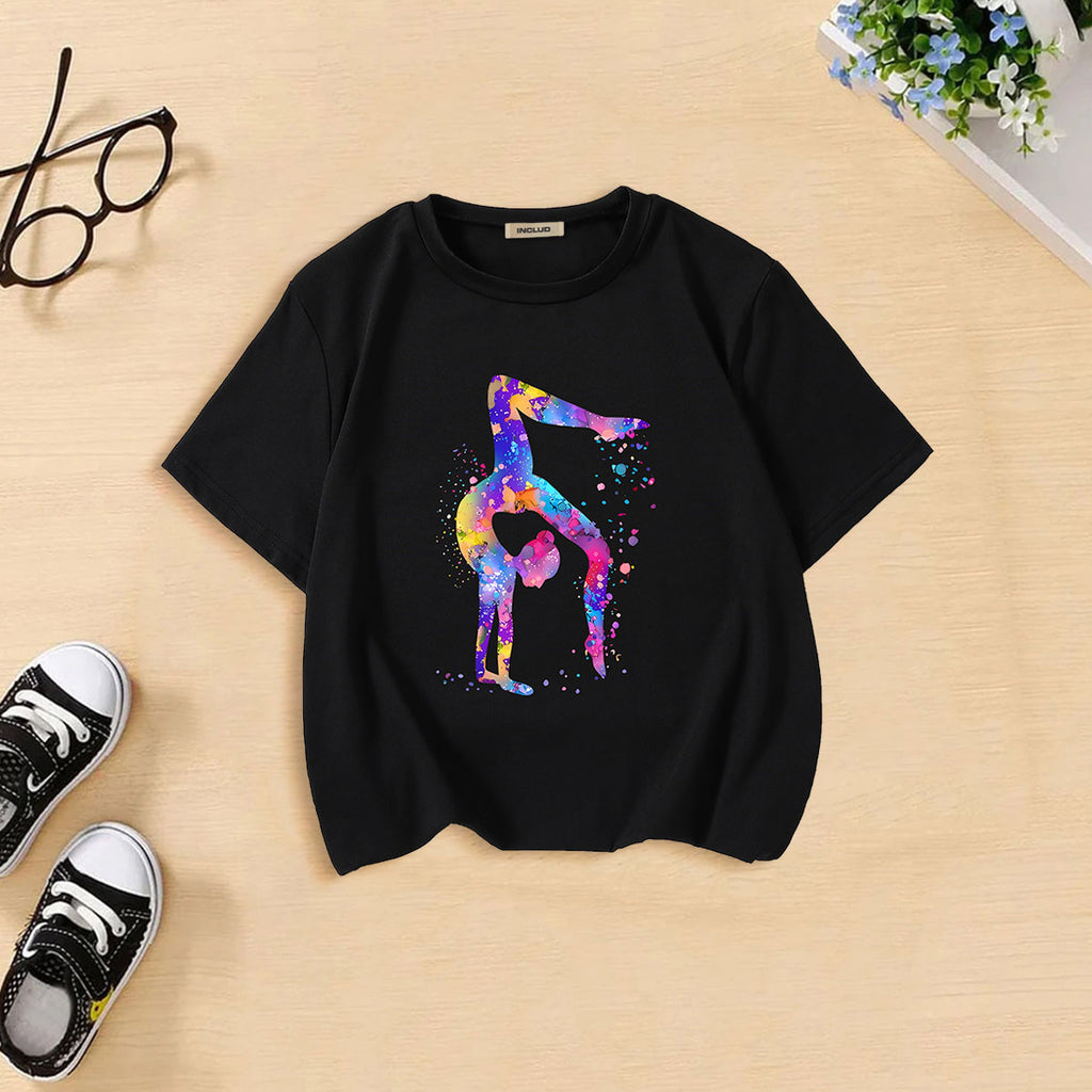 Girls Black Graphic Printed Shorts Sleeves T-Shirt Tshirts Black 7-8 Y