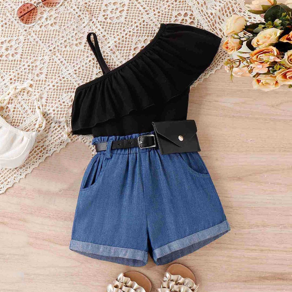 Girls One Shoulder Top With Denim Shorts & Waist Bag Set 3 pc. Sets Black 4-5 Y 