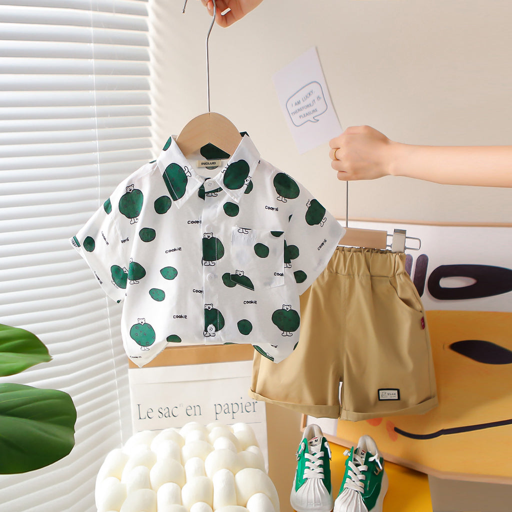 Boys Green Cookie Printed Short Sleeves Shirt With Shorts Set 2 pc. Sets Green 1-2 Y