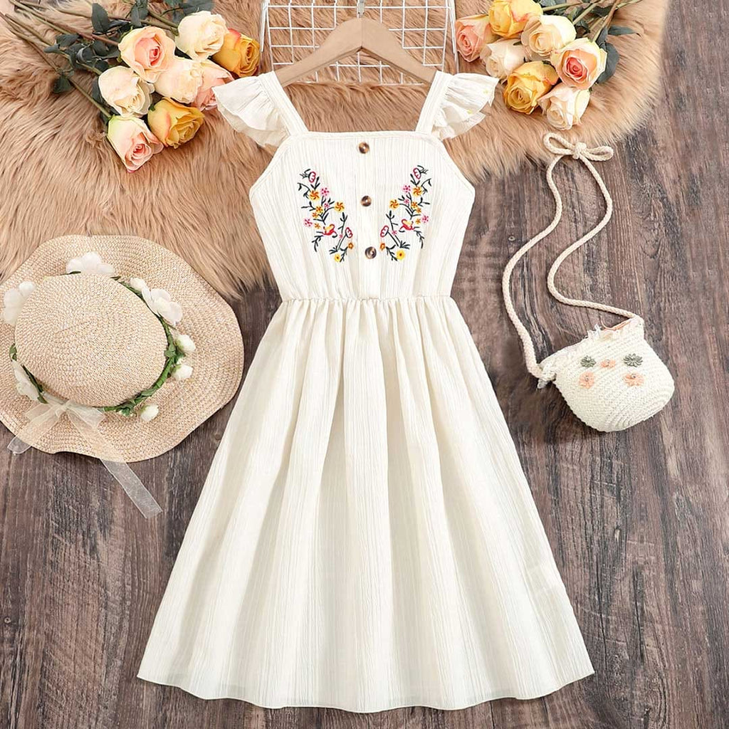 Girls Embroidered Sleeveless Fit & Flared Dress Casual Dresses White 8-9 Y 