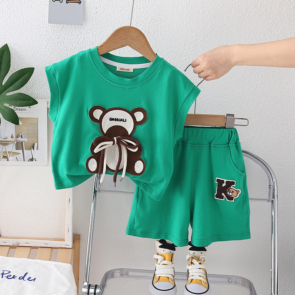 Boys Green Tie-up Teddy Patched Sleeveless T-Shirt With Shorts Set 2 pc. Sets Green 1-2 Y