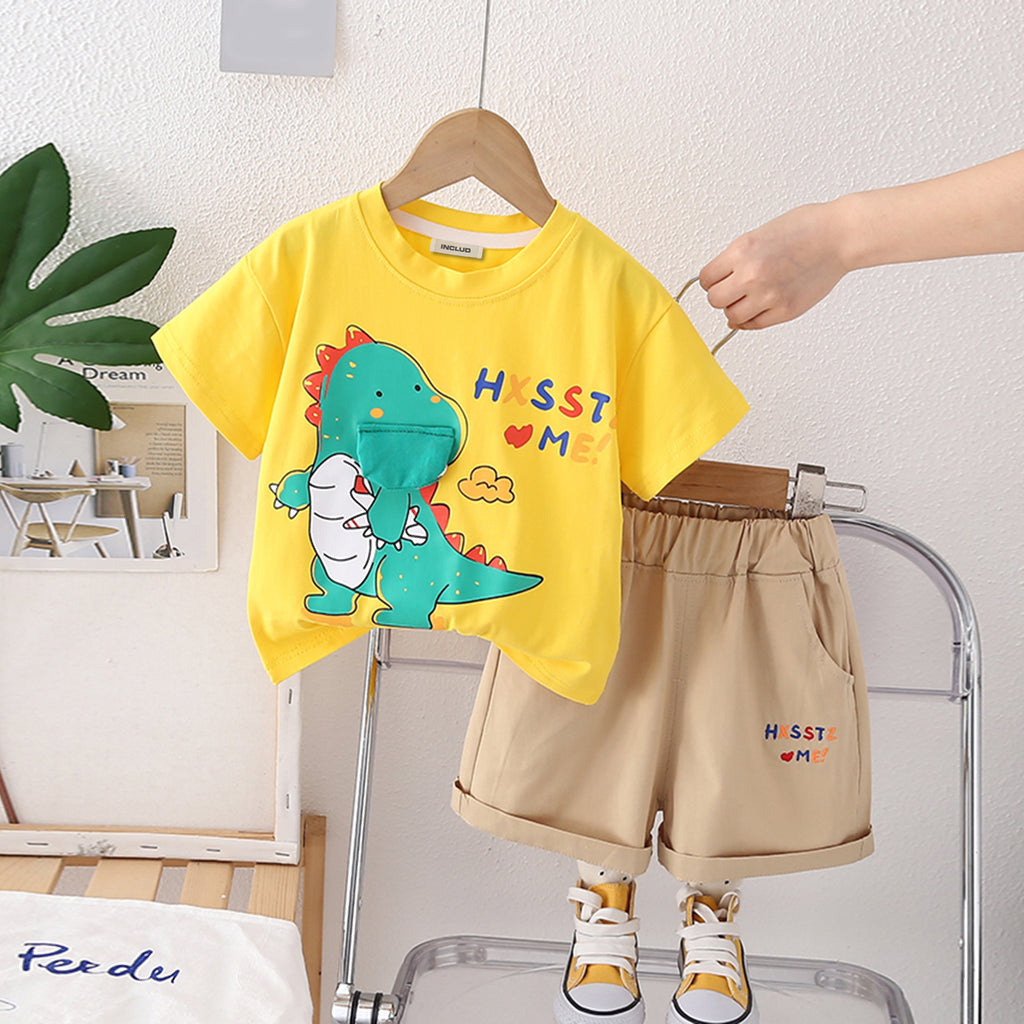Boys Yellow Dinosaur Printed Short Sleeves T-Shirt With Shorts Set 2 pc. Sets Yellow 1-2 Y