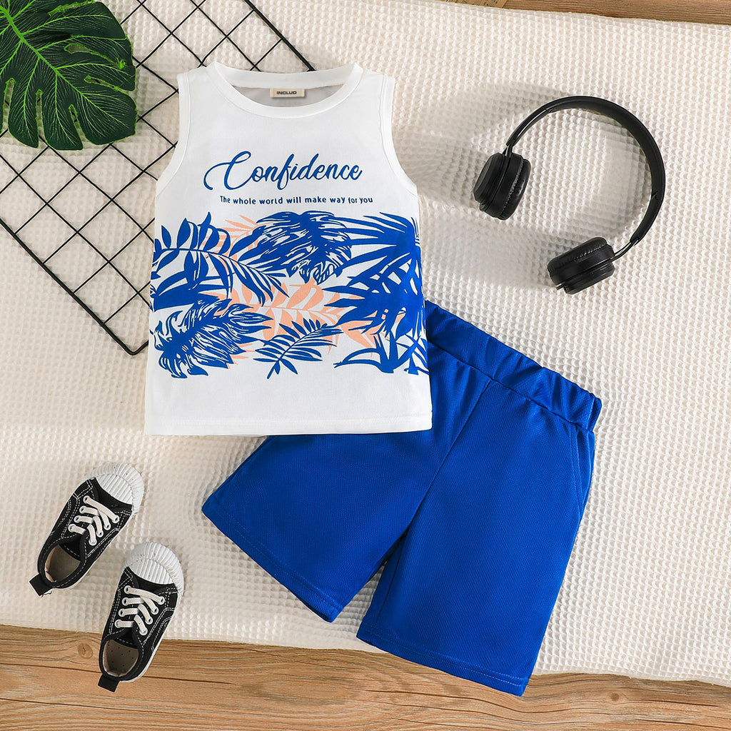 Boys Blue Tropical Print Sleeveless T-Shirt With Elasticated Shorts Set 2 pc. Sets Blue 3-4 Y
