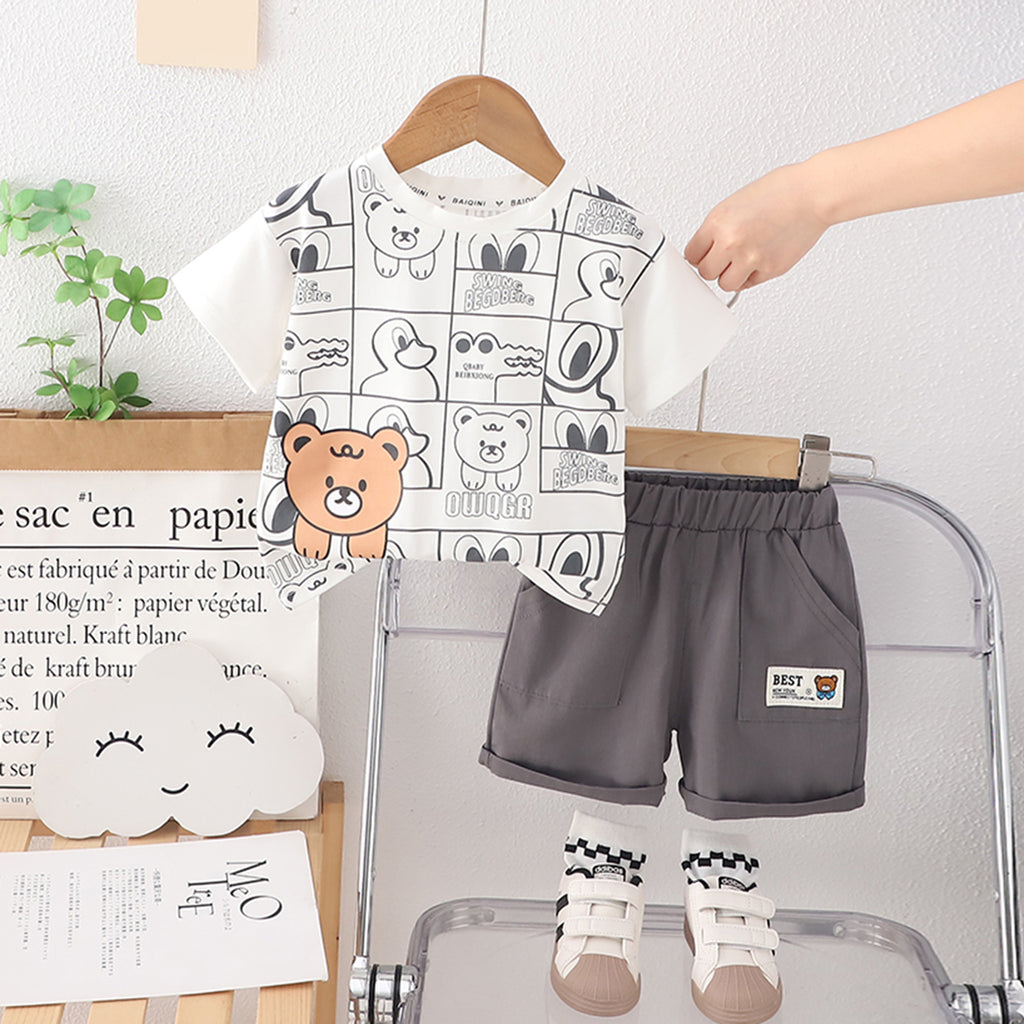 Boys Short Sleeves Animal Printed T-Shirt With Dark Grey Shorts Set 2 pc. Sets