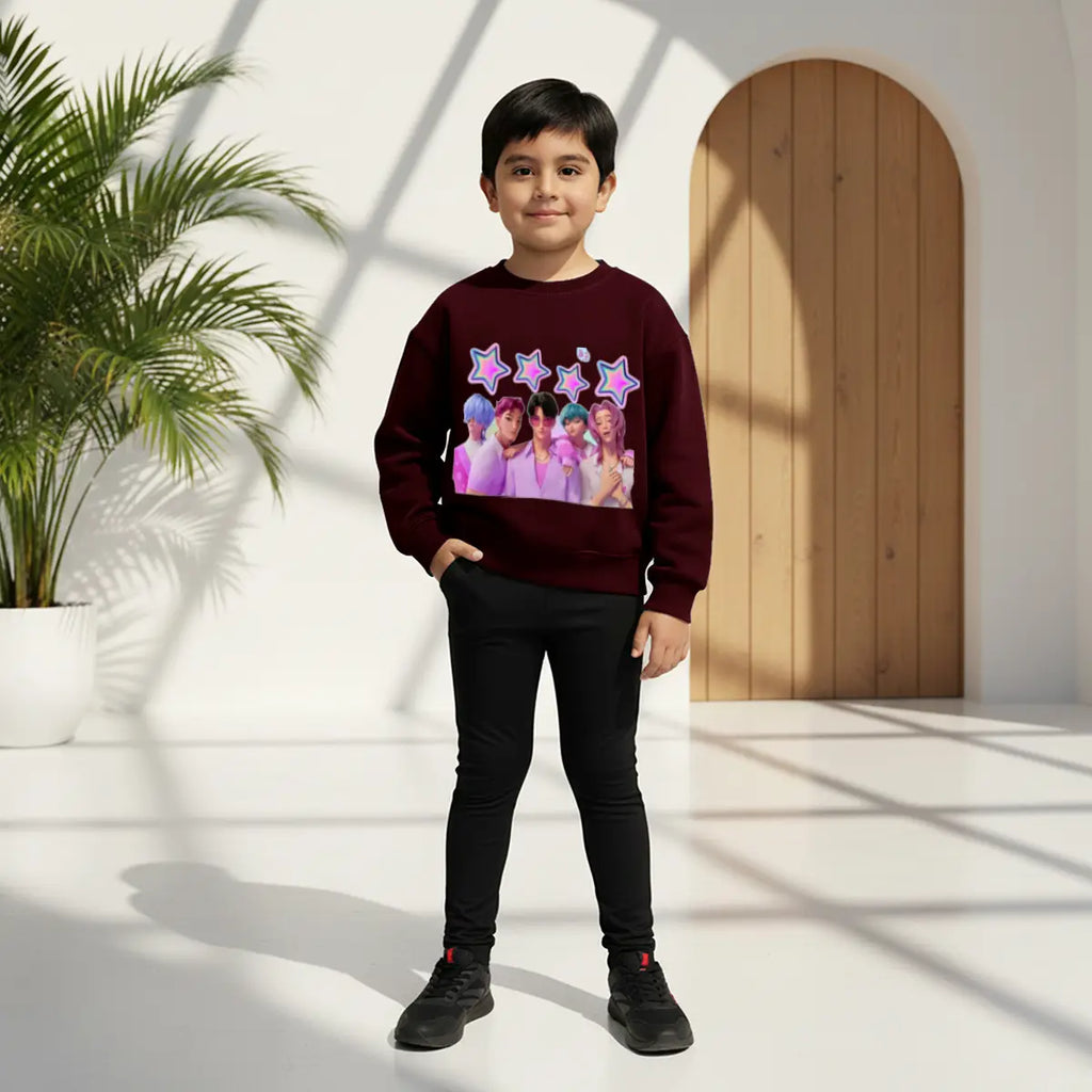 Boys Maroon K-Pop Star Graphics Crew Neck Sweatshirt Sweatshirts & Hoodies Maroon 1-2 Y
