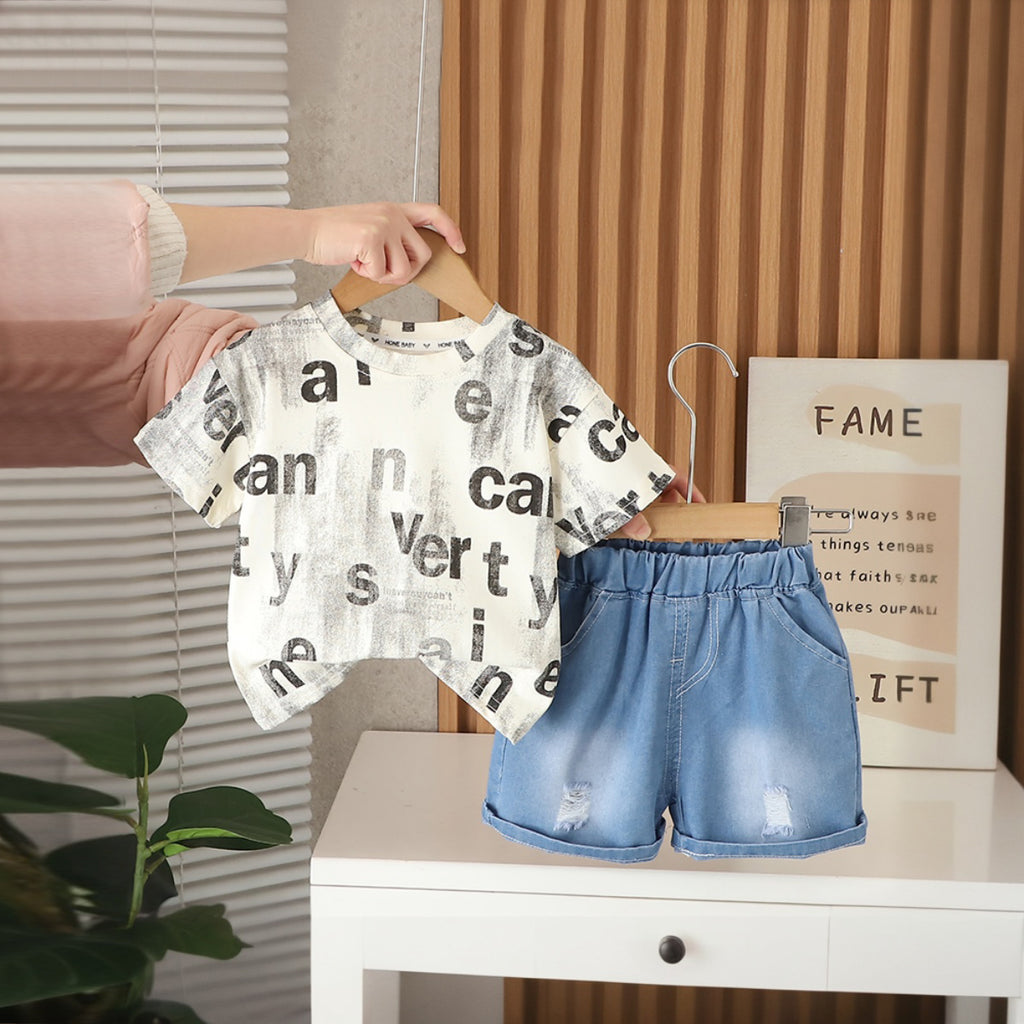 Boys Off-White Printed T-Shirt with Distressed Denim Shorts Set Sets Off White 1-2 Y