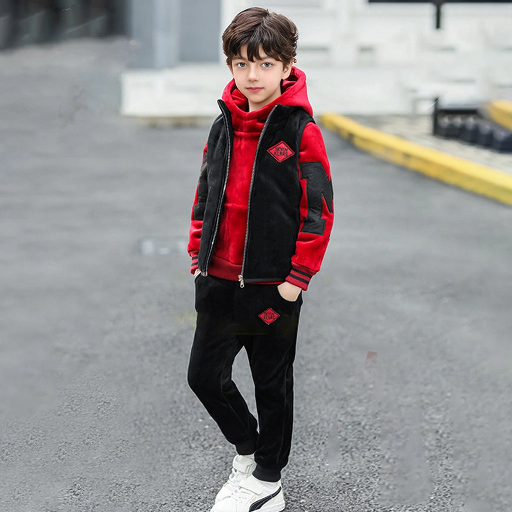 Boys Red Patch Embroidered Hoodie With Sleeveless Jacket & Jogger Sets Sets Red 5-6 Y