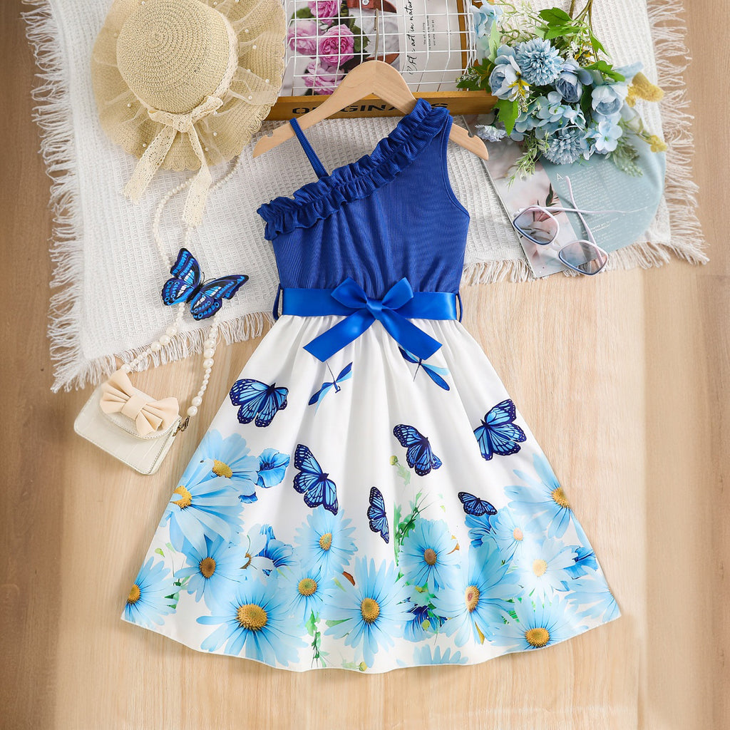 Girls Indigo Blue Butterfly Printed One Shoulder Fit And Flared Midi Dress Casual Dresses Blue 3-4 Y