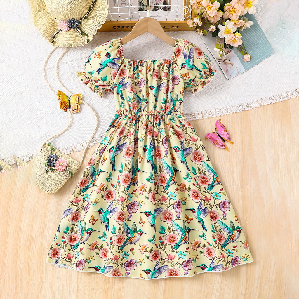 Girls Multicolored Bird And Flowers Printed Scoop Neck Fit & Flare Dress Casual Dresses Multicolor 3-4 Y