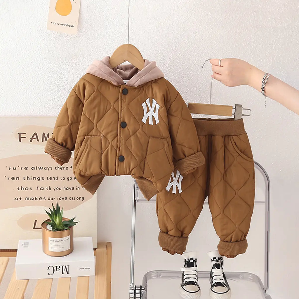 Boys Brown Self-Design Jacket With Trouser Sets 2 pc. Sets Brown 1-2 Y