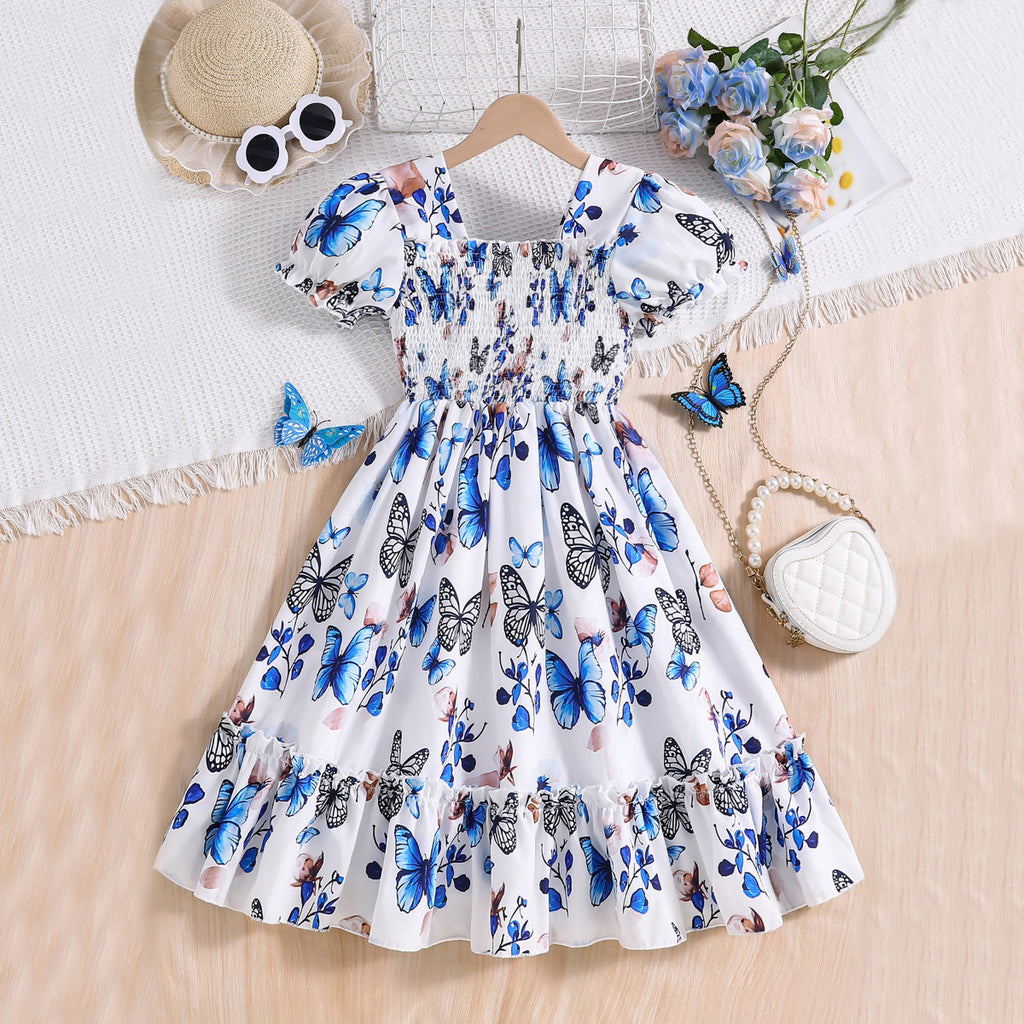 Girls White Butterfly Printed Puff Sleeves Square Neck Fit & Flare Dress Casual Dresses White 3-4 Y