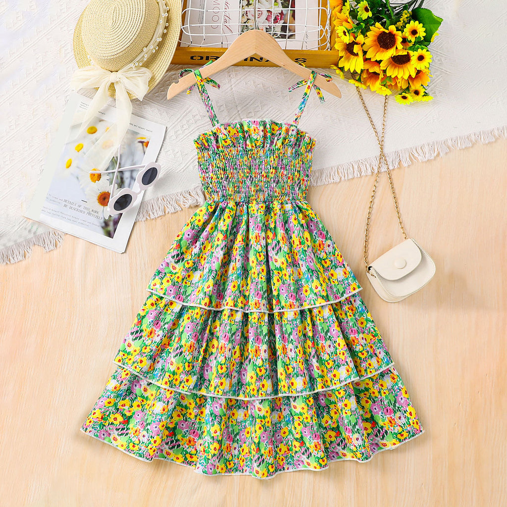 Girls Green Floral Printed Sleeveless Smocked Fit And Flared Summer Dress Casual Dresses Green 3-4 Y