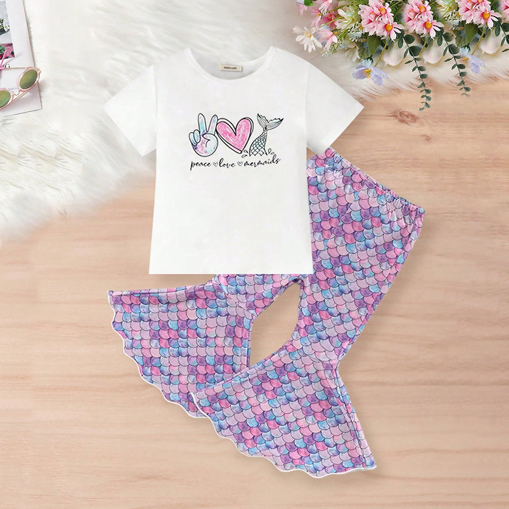 Girls Graphic Short Sleeves T-Shirt With Multicolor Mermaid Printed Paints Set 2 pc. Sets