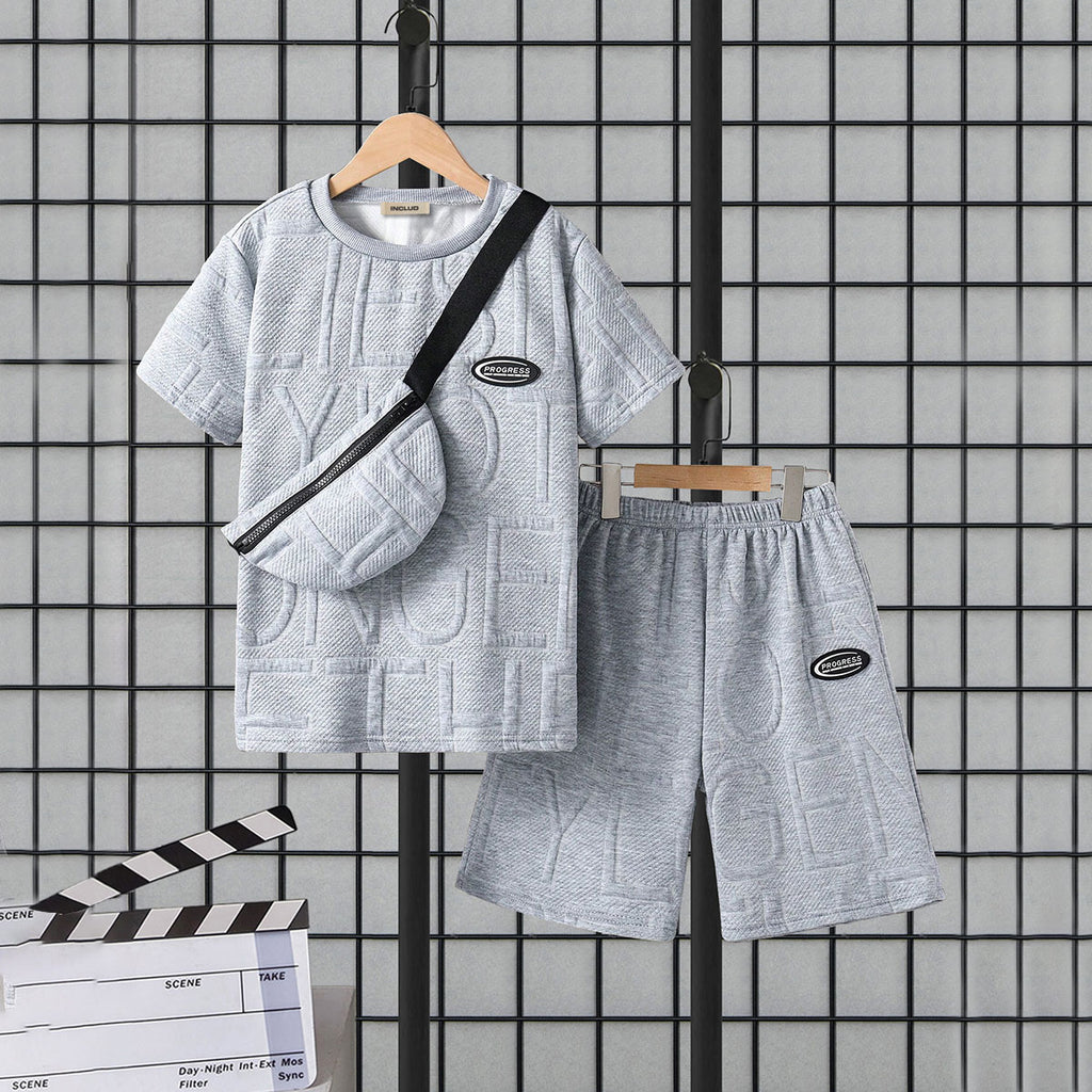 Boys Grey Self Designed Short Sleeves T-Shirt With Sling Bag and Shorts set 2 pc. Sets Grey 7-8 Y