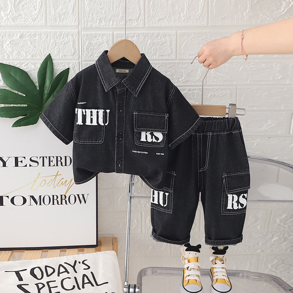 Boys Black Denim Printed Short Sleeves Shirt With Cargo Pants Set 2 pc. Sets