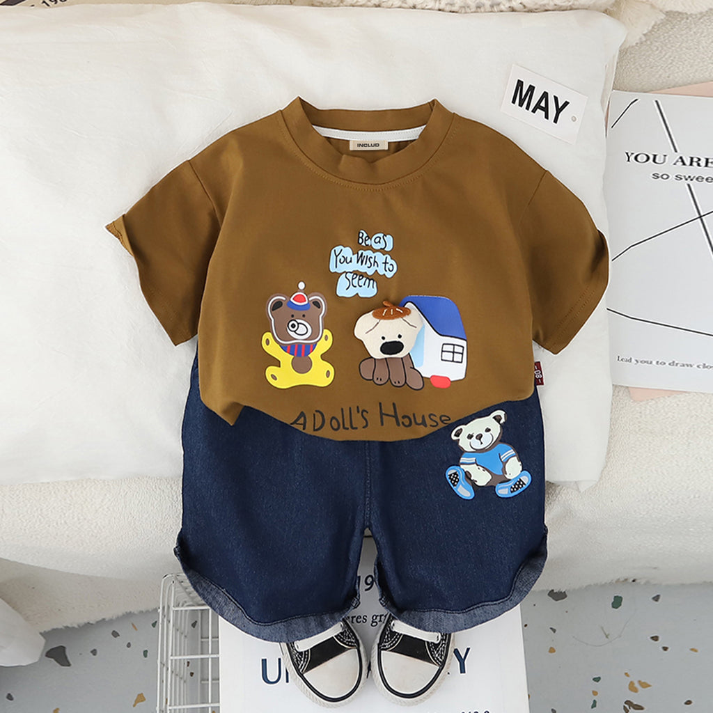 Boys Light Brown Dollhouse Printed T-Shirt With Denim Shorts Set 2 pc. Sets Light Brown 1-2 Y