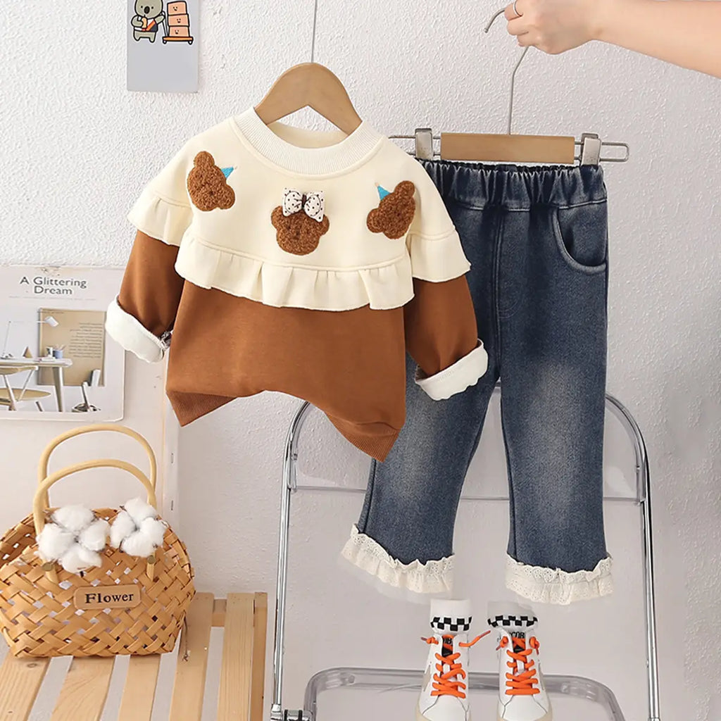 Girls Brown Applique Regular Sweatshirt With Denim Trousers Sets 2 pc. Sets Brown 1-2 Y