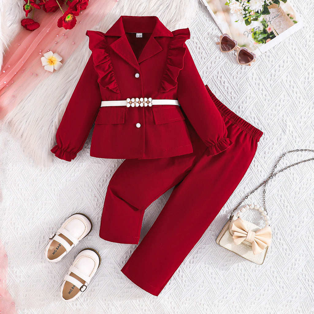 Girls Maroon Blazer With Belt & Pant Co-ord Sets Sets Maroon 2-3 Y