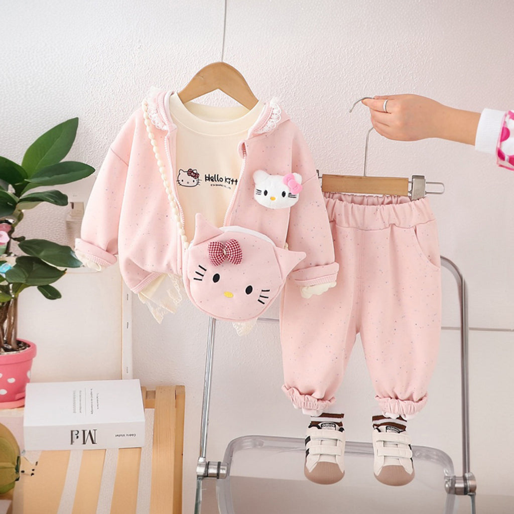 Girls Pink Embroidered Sweatshirt With T-Shirt Pants & Bag Sets 4 pc. Sets Pink 1-2 Y