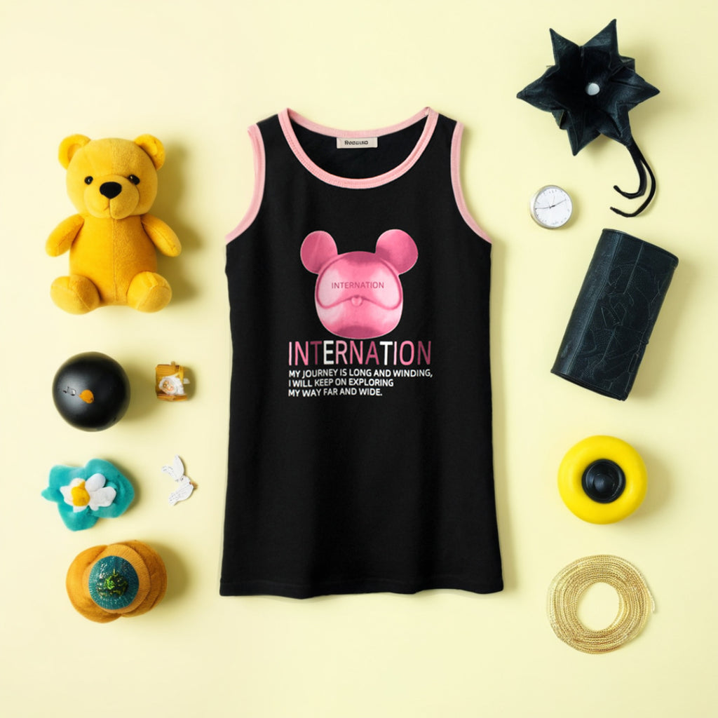 Girls Graphic Print Sleeveless Vest Tops Black 1-2 Y 