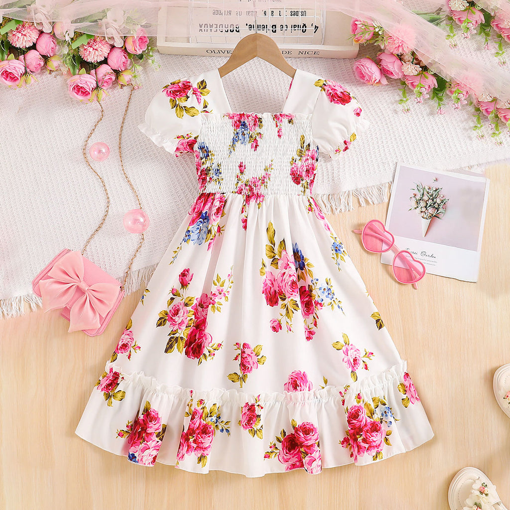 Girls Off White Rose Printed Puff Sleeves Smocked Fit & Flare Casual Dress Casual Dresses