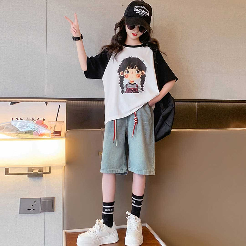 Girls Graphic Pirnt Raglan Sleeves T-Shirt With Shorts Set Sets Black 6-7 Y 