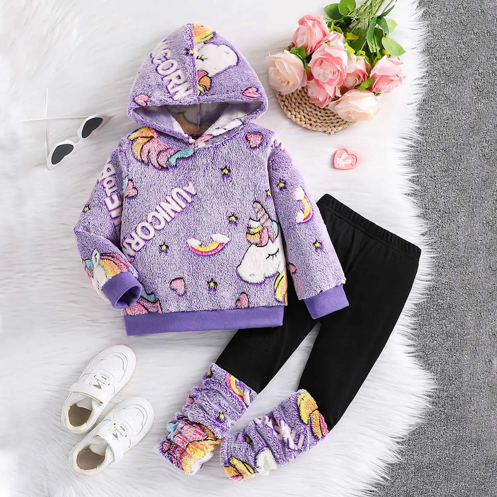 Girls Purple Self-Design Unicorn Patterns Hooded Fleece Sweatshirt With Legging Sets 2 pc. Sets Purple 3-4 Y