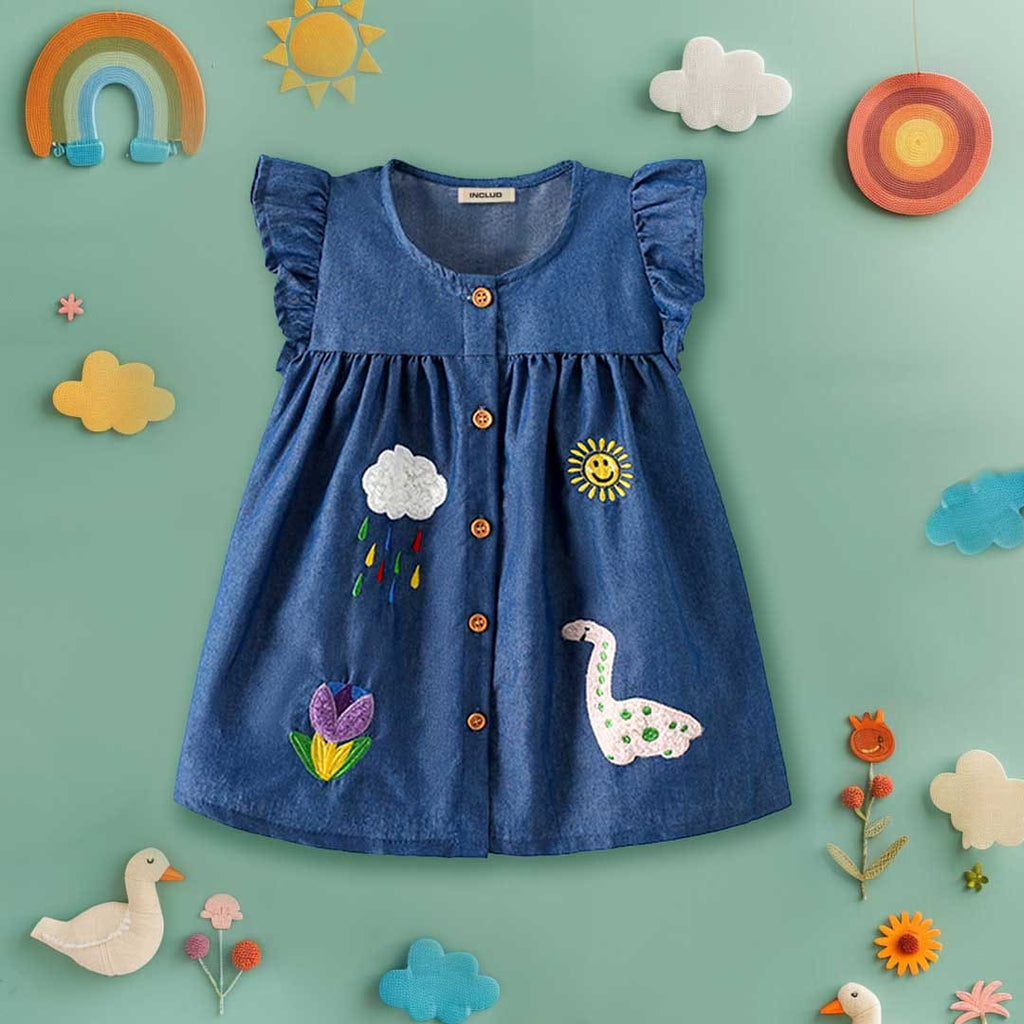 Girls Embroidery Applique Empire Line Dress Casual Dresses Blue 1-2 Y 