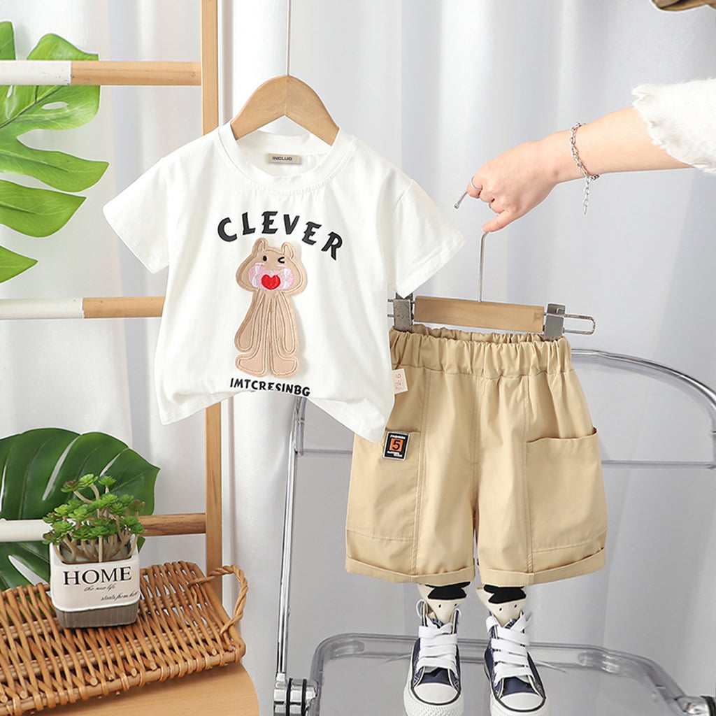 Boys White Cartoon Applique Short Sleeves T-Shirt With Shorts Set 2 pc. Sets White 1-2 Y