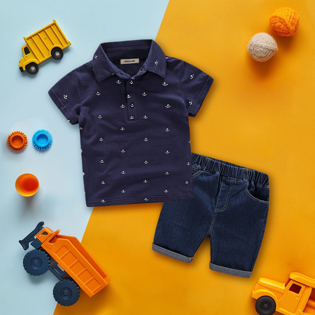 Boys Printed Polo T-shirt with Denim Shorts Set Sets Dark Blue 2-3 Y 
