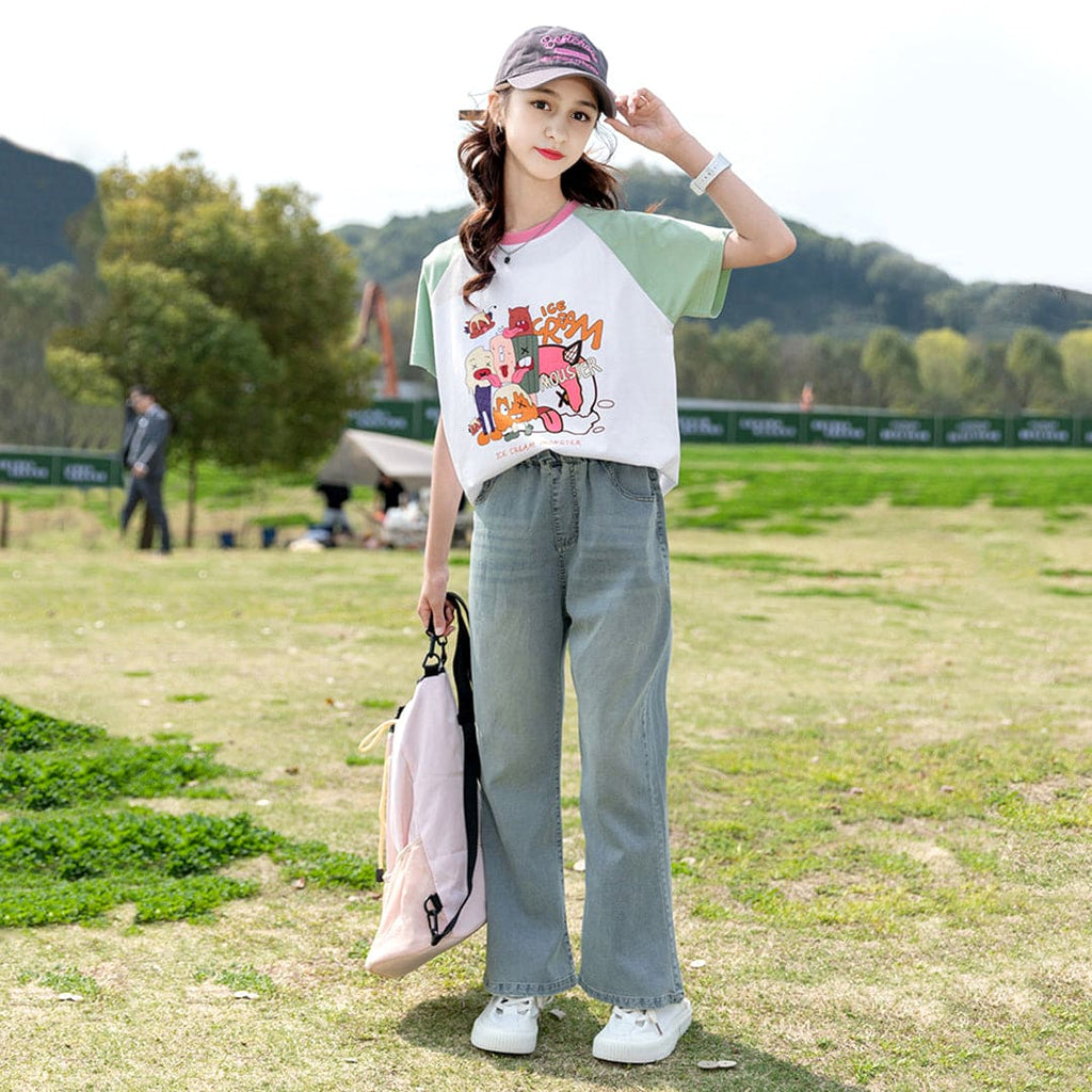 Girls Elasticated Flared Bottom Denim Pants Jeans Blue 6-7 Y 