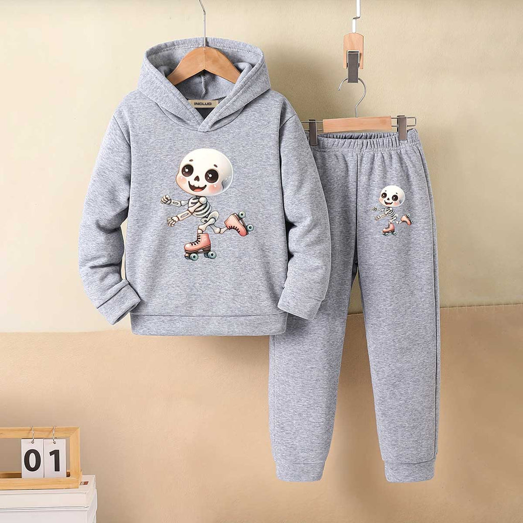 Girls Grey Skeleton Printed Hooded Sweatshirt With Jogger Co-ord Sets 2 pc. Sets Grey 5-6 Y
