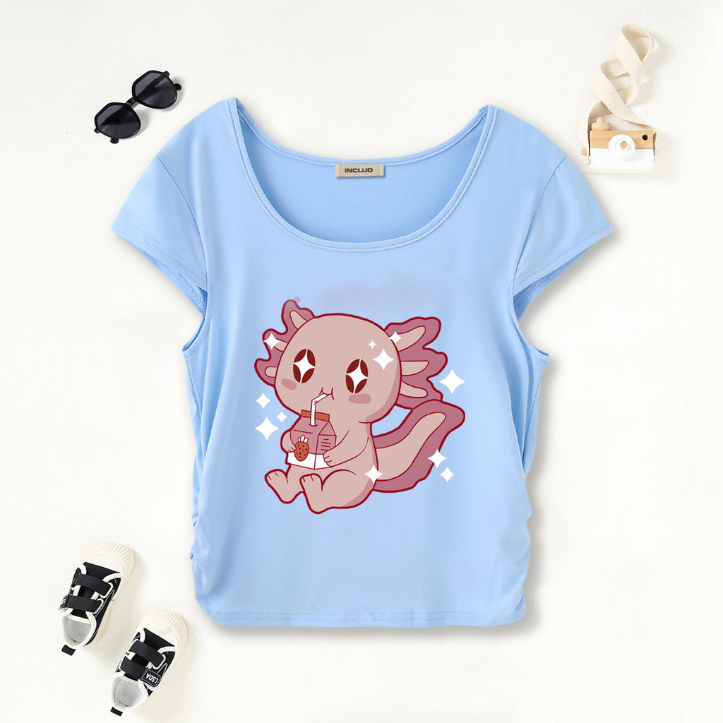 Girls Light Blue Graphic Printed Short Sleeves Scoop Neck T-Shirt Tshirts Light Blue 7-8 Y