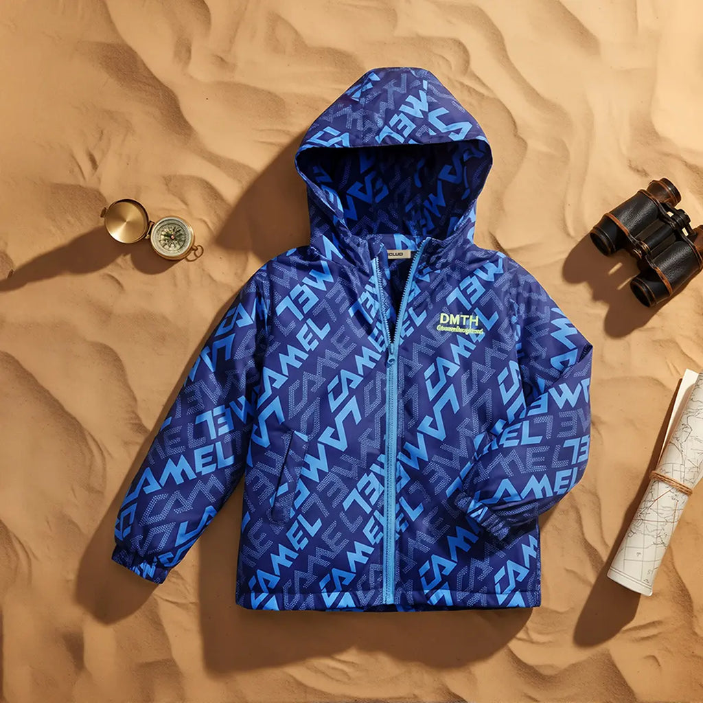 Boys Blue Typographic Printed Hooded Zipper Jacket Coats & Jackets Blue 3-4 Y