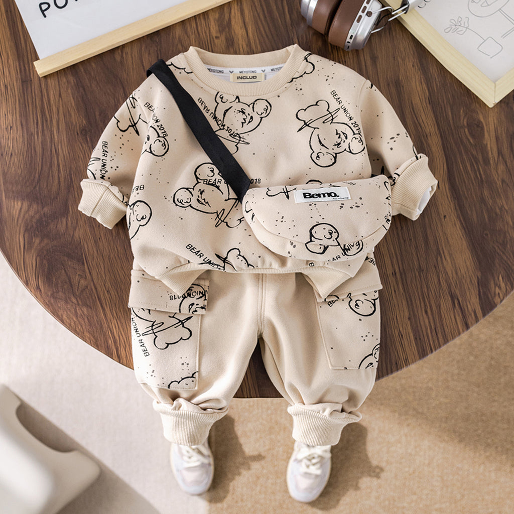 Boys Beige Bear Printed Sweatshirt With Sling Bag & Jogger Co-ord Set Sets Beige 1-2 Y