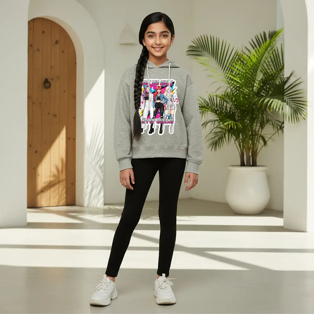 Girls Grey K-Pop Queens Graphics Hoodie Sweatshirts & Hoodies Grey 1-2 Y