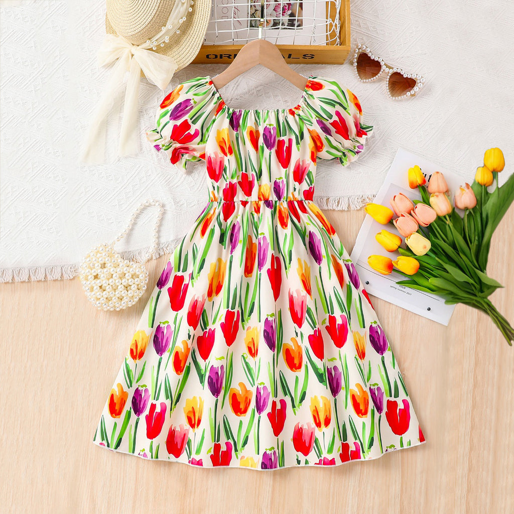Girls Multi Colored Tulip Floral Printed Scoop Neck Fit & Flare Dress Casual Dresses