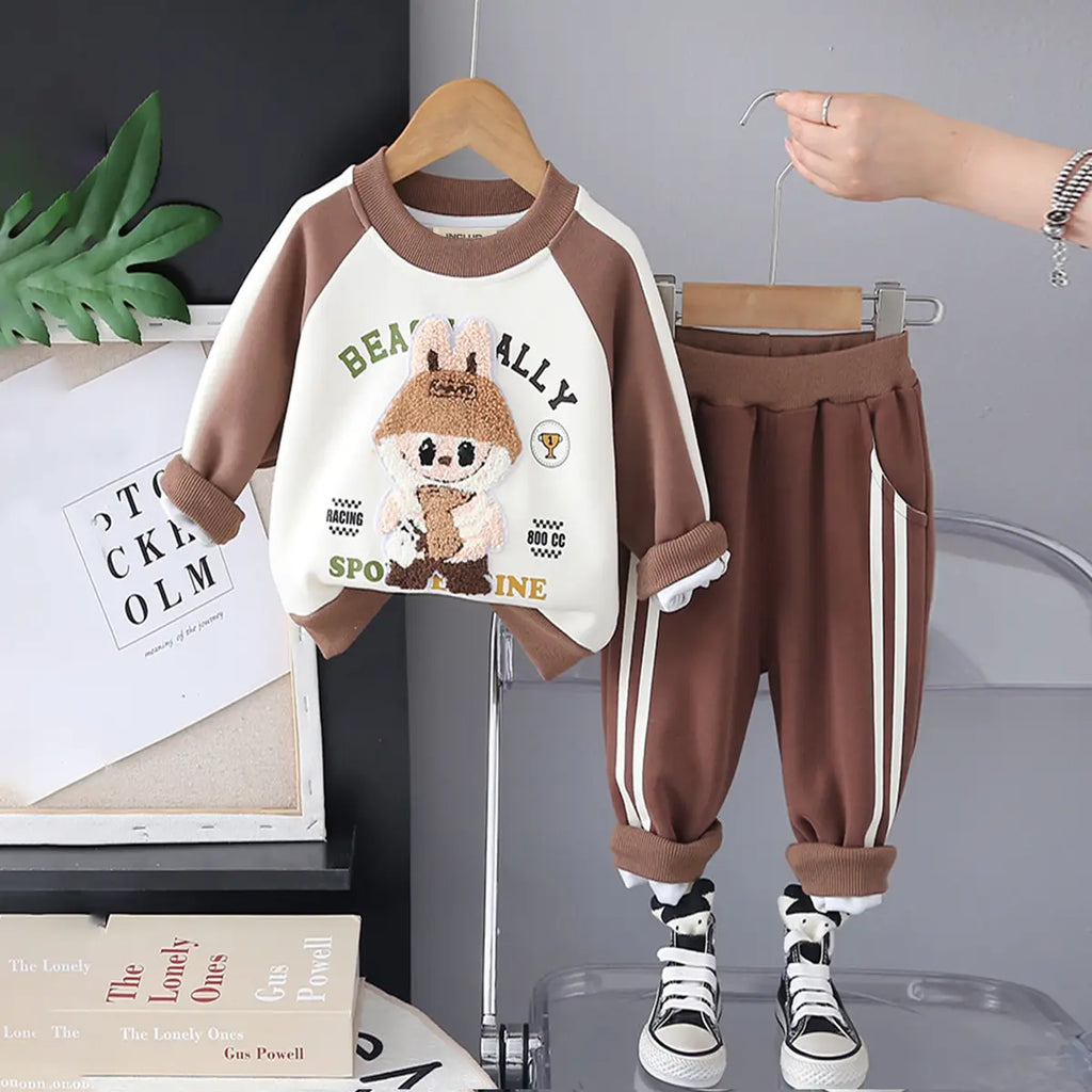 Boys Brown Bunny Applique Sweatshirt With Jogger Sets Sets Brown 1-2 Y